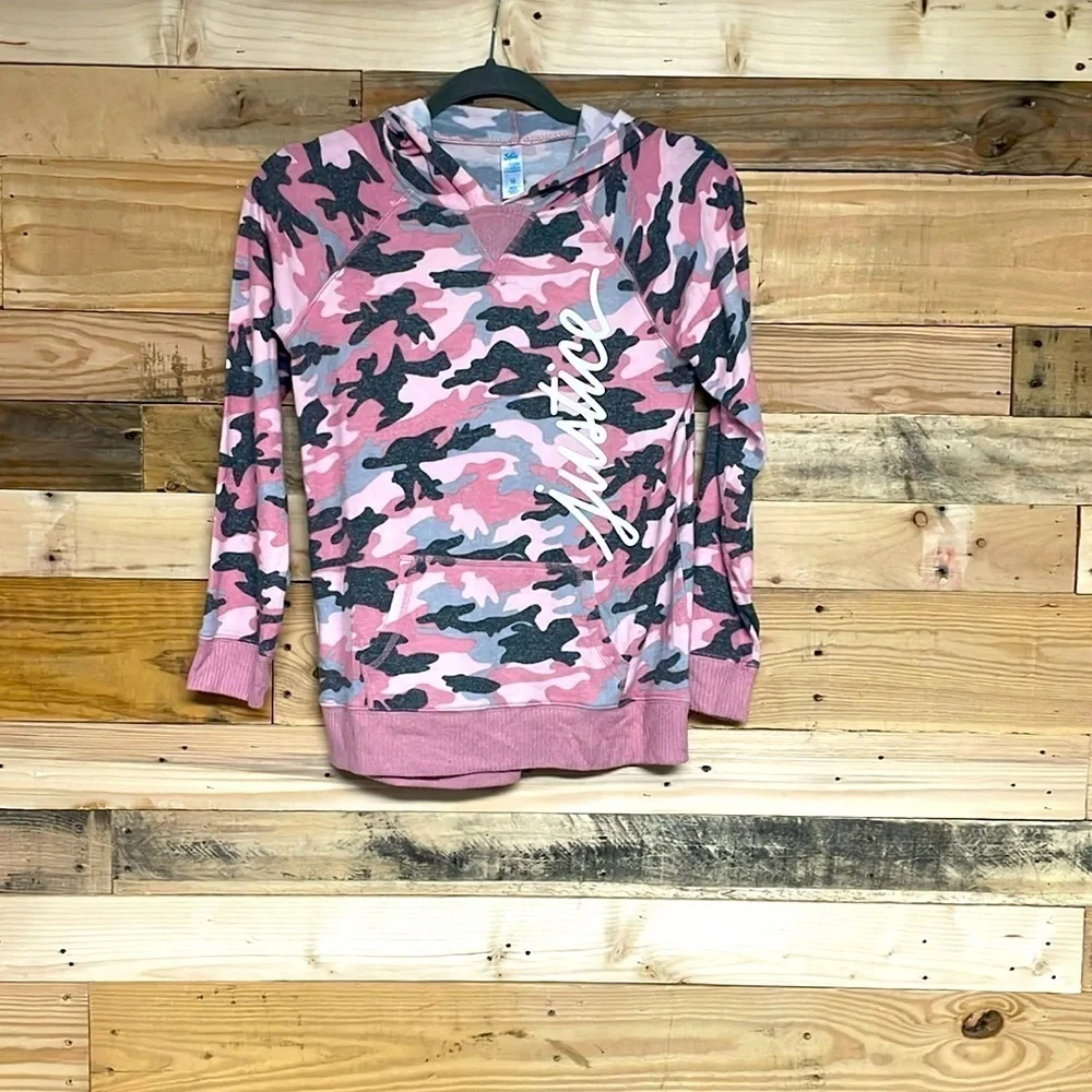 Justice size 10 pink and gray camo hoodie with front pocket